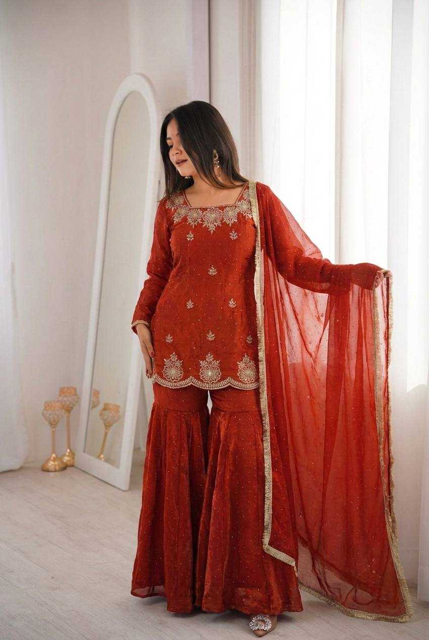 Fendy Silk Embroidery Sharara Salwar Suit | Lace Border Detail & Micro Cotton Lining | 3-Piece Fully Stitched Ethnic Wear | M to XXL