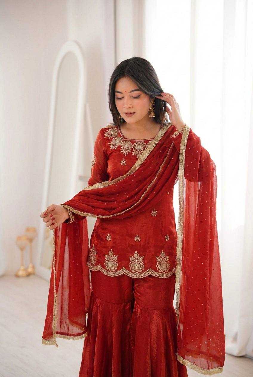 Fendy Silk Embroidery Sharara Salwar Suit | Lace Border Detail & Micro Cotton Lining | 3-Piece Fully Stitched Ethnic Wear | M to XXL