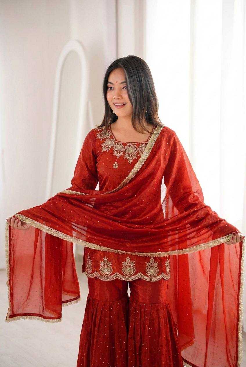 Fendy Silk Embroidery Sharara Salwar Suit | Lace Border Detail & Micro Cotton Lining | 3-Piece Fully Stitched Ethnic Wear | M to XXL