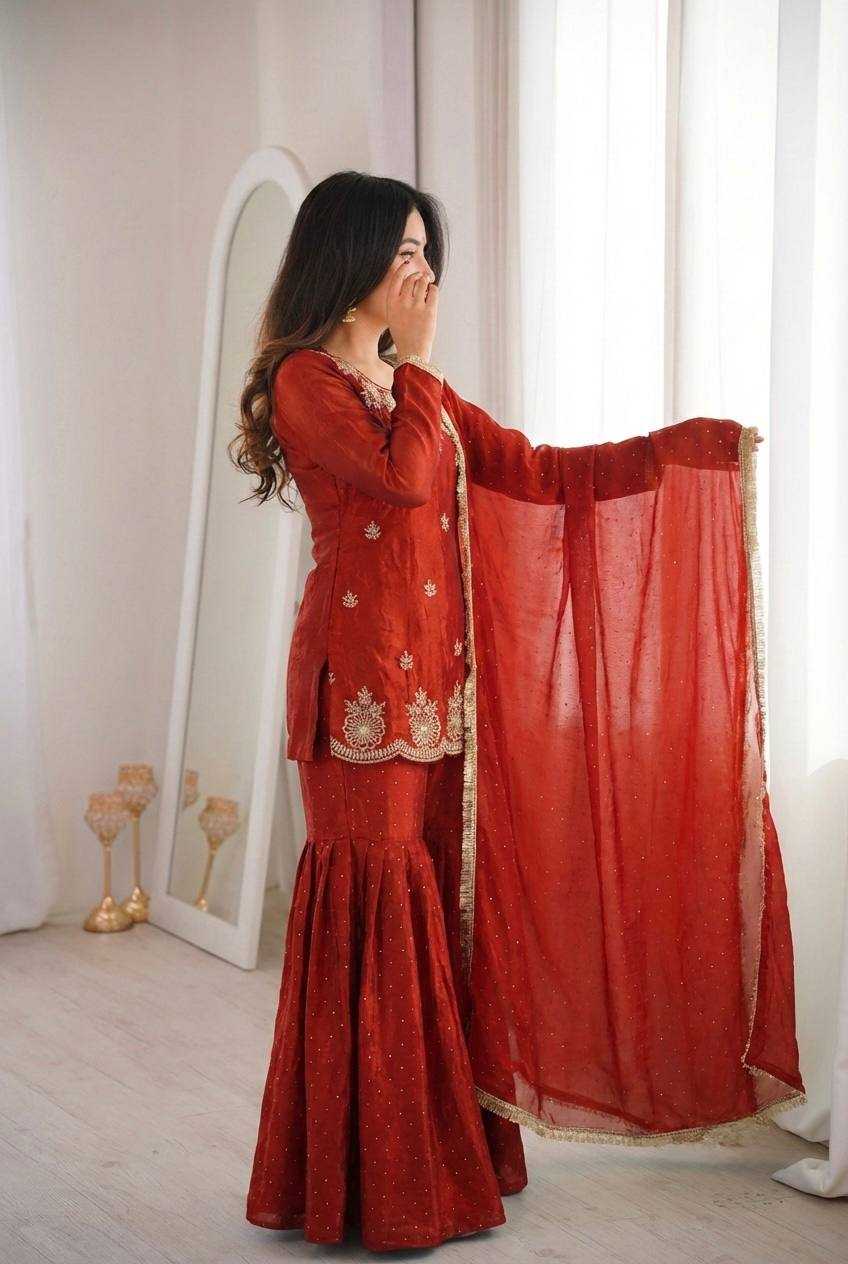 Fendy Silk Embroidery Sharara Salwar Suit | Lace Border Detail & Micro Cotton Lining | 3-Piece Fully Stitched Ethnic Wear | M to XXL