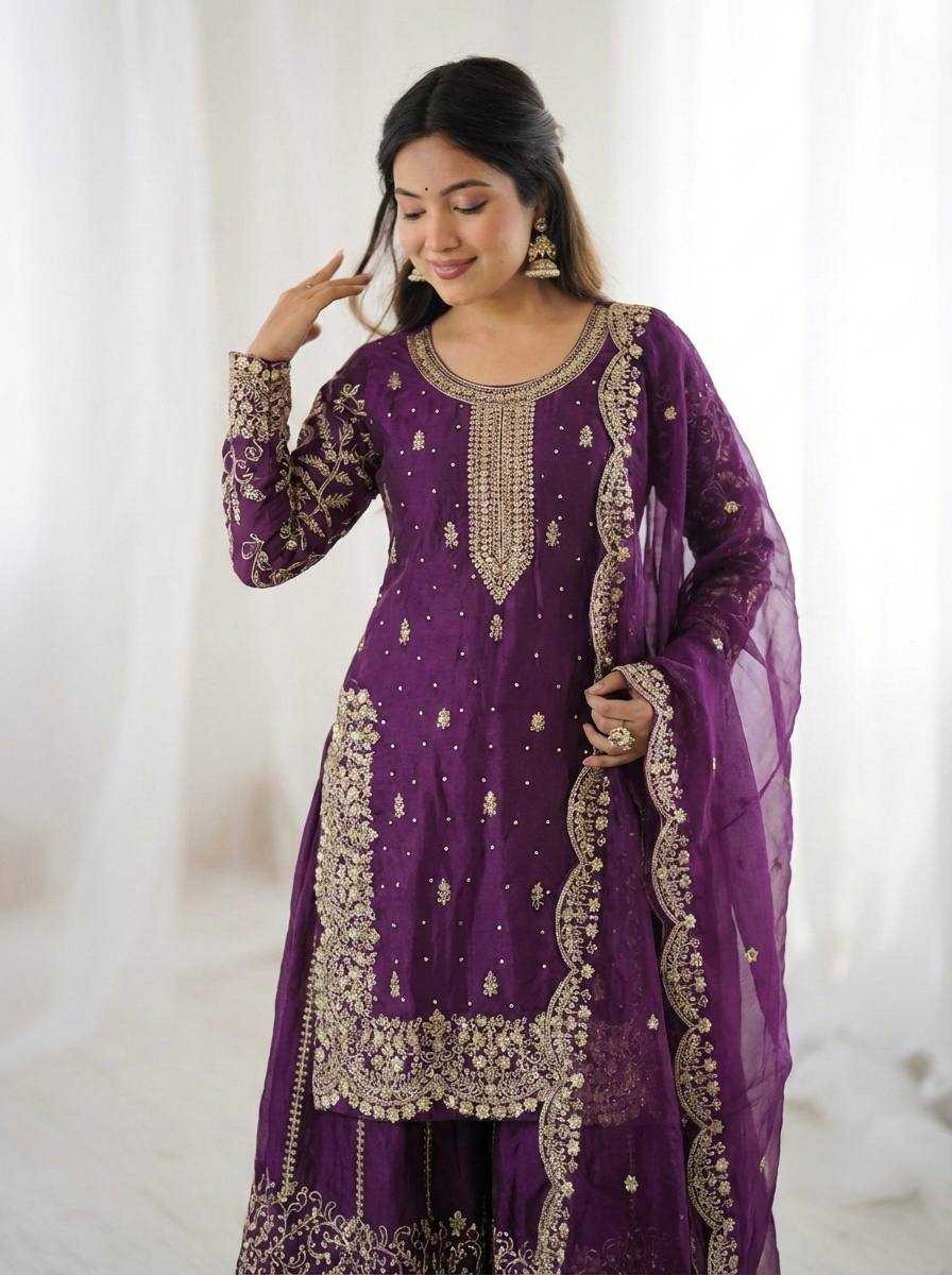 Fendy Silk Heavy Embroidery Palazzo Suit | Designer Thread Work & Micro Cotton Lining | 3-Piece Fully Stitched Ethnic Wear | M to XXL