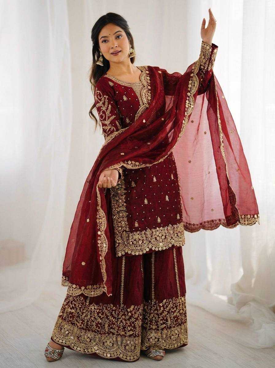 Fendy Silk Heavy Embroidery Palazzo Suit | Designer Thread Work & Micro Cotton Lining | 3-Piece Fully Stitched Ethnic Wear | M to XXL