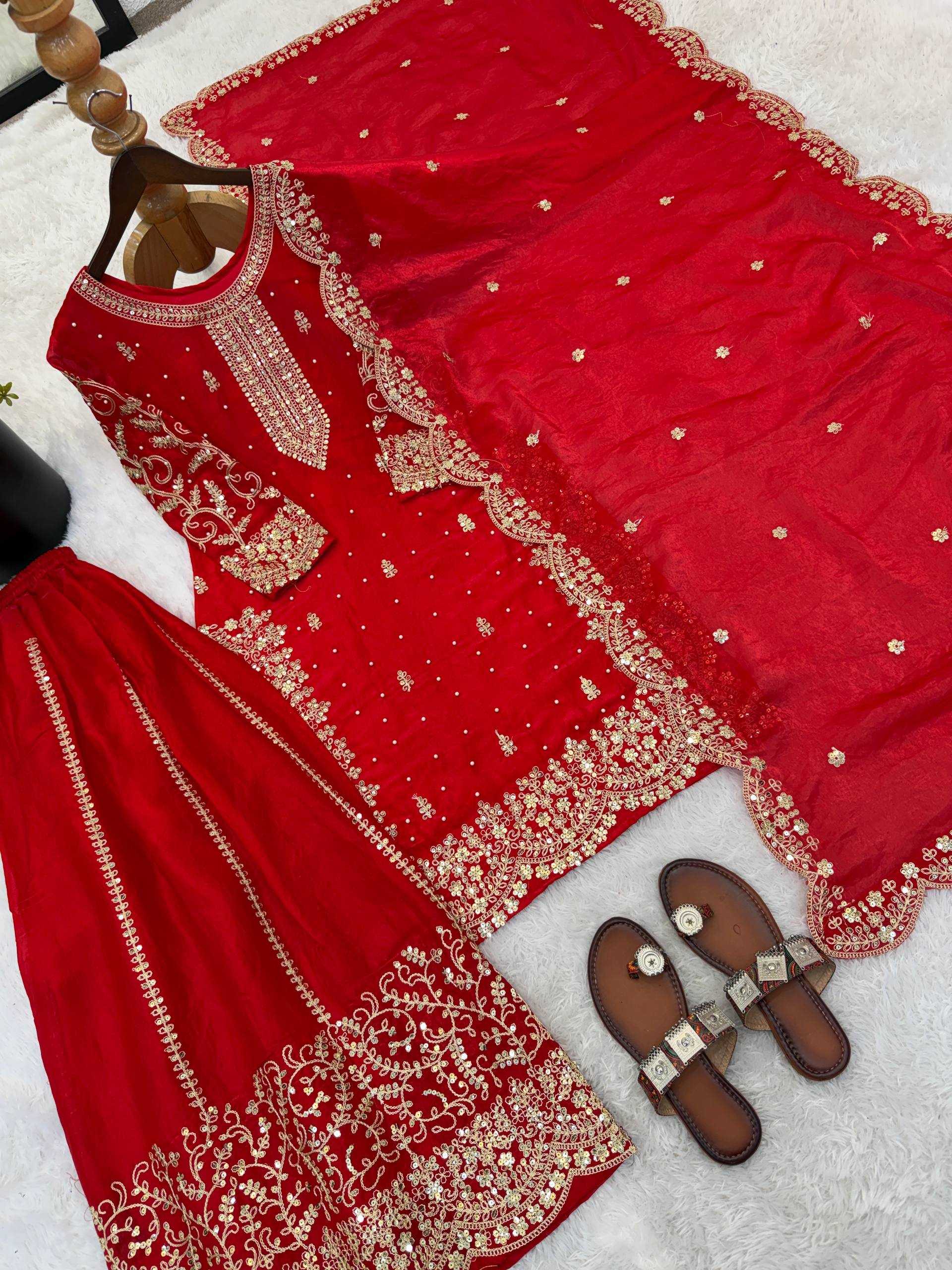 Fendy Silk Heavy Embroidery Palazzo Suit | Designer Thread Work & Micro Cotton Lining | 3-Piece Fully Stitched Ethnic Wear | M to XXL