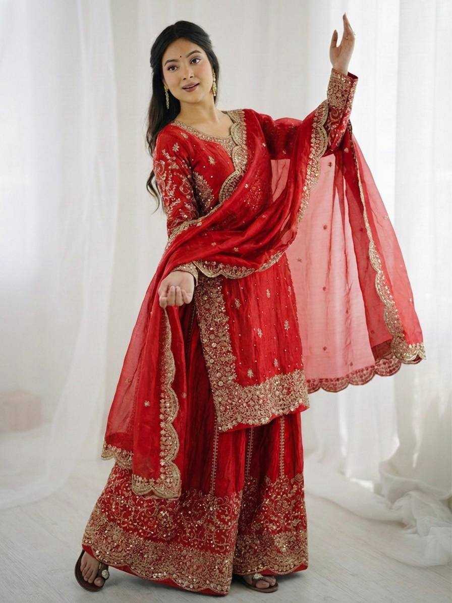 Fendy Silk Heavy Embroidery Palazzo Suit | Designer Thread Work & Micro Cotton Lining | 3-Piece Fully Stitched Ethnic Wear | M to XXL