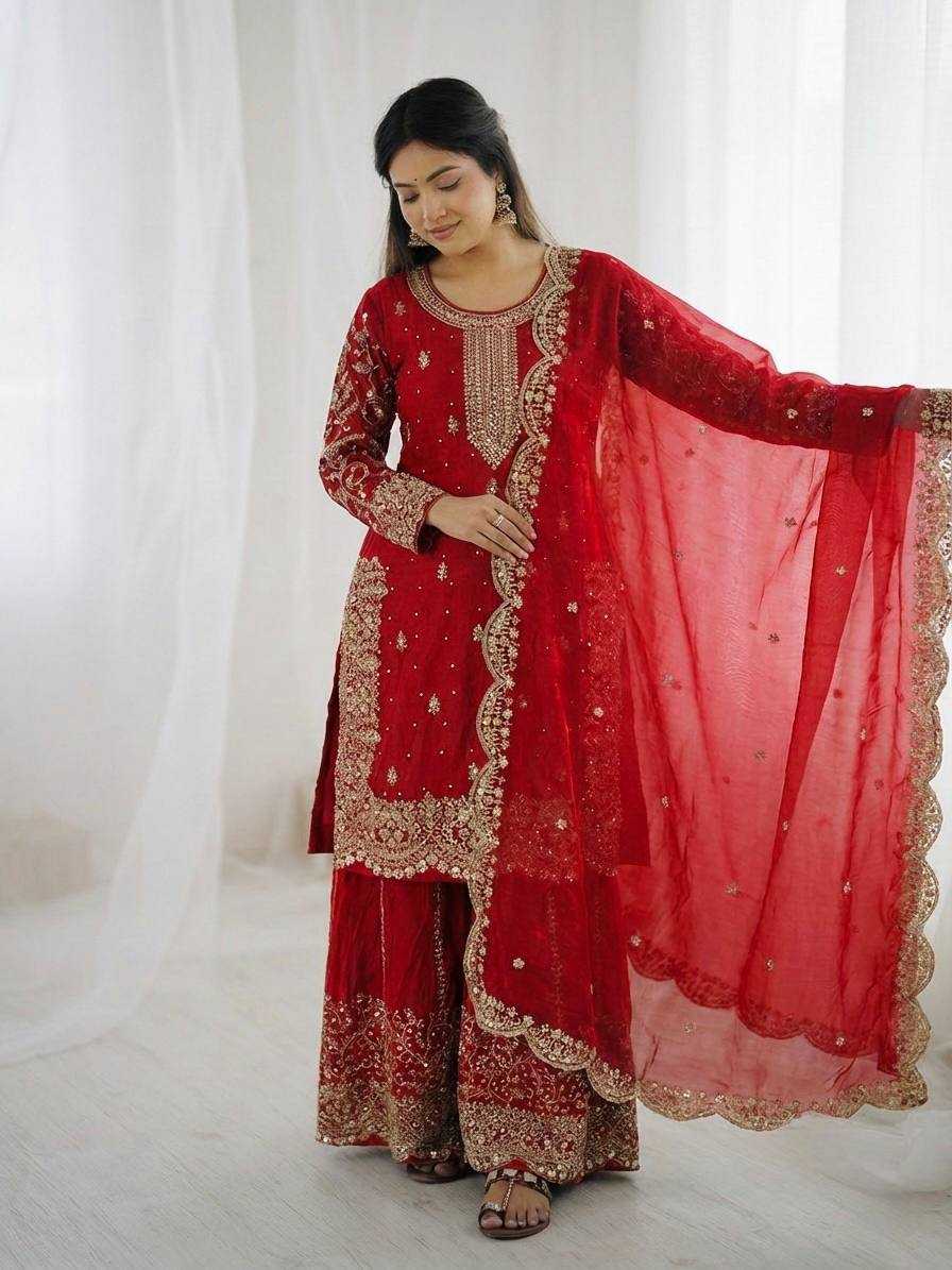 Fendy Silk Heavy Embroidery Palazzo Suit | Designer Thread Work & Micro Cotton Lining | 3-Piece Fully Stitched Ethnic Wear | M to XXL