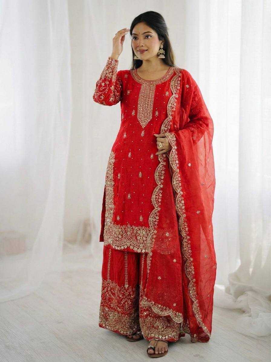 Fendy Silk Heavy Embroidery Palazzo Suit | Designer Thread Work & Micro Cotton Lining | 3-Piece Fully Stitched Ethnic Wear | M to XXL