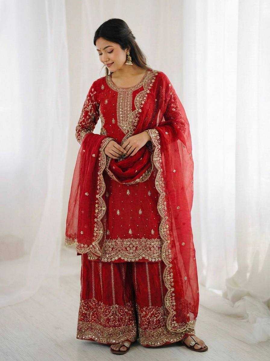 Fendy Silk Heavy Embroidery Palazzo Suit | Designer Thread Work & Micro Cotton Lining | 3-Piece Fully Stitched Ethnic Wear | M to XXL