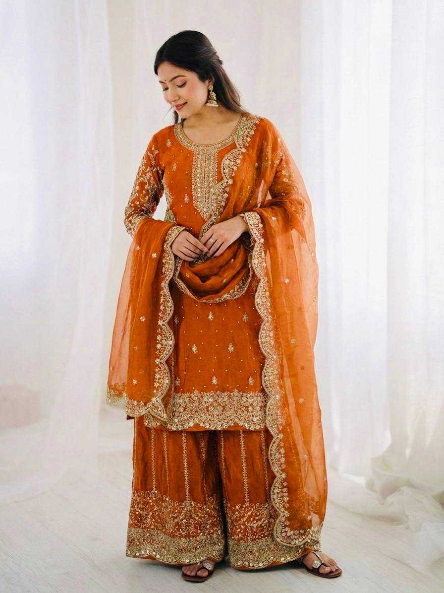 Fendy Silk Heavy Embroidery Palazzo Suit | Designer Thread Work & Micro Cotton Lining | 3-Piece Fully Stitched Ethnic Wear | M to XXL
