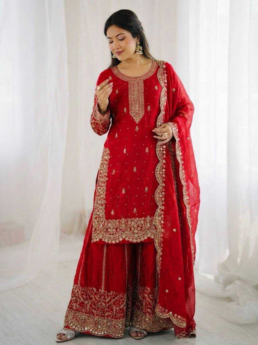 Fendy Silk Heavy Embroidery Palazzo Suit | Designer Thread Work & Micro Cotton Lining | 3-Piece Fully Stitched Ethnic Wear | M to XXL