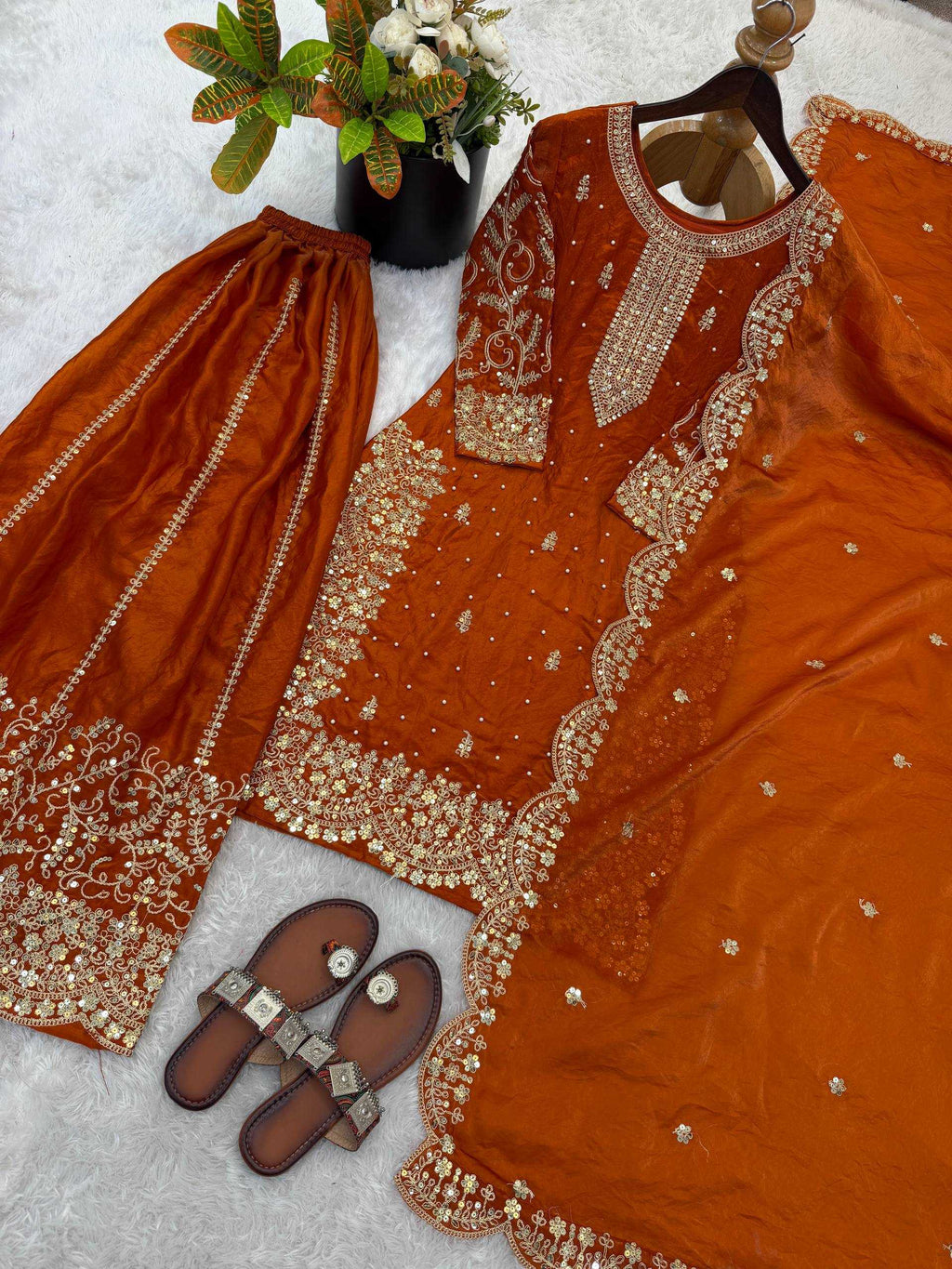 Fendy Silk Heavy Embroidery Palazzo Suit | Designer Thread Work & Micro Cotton Lining | 3-Piece Fully Stitched Ethnic Wear | M to XXL