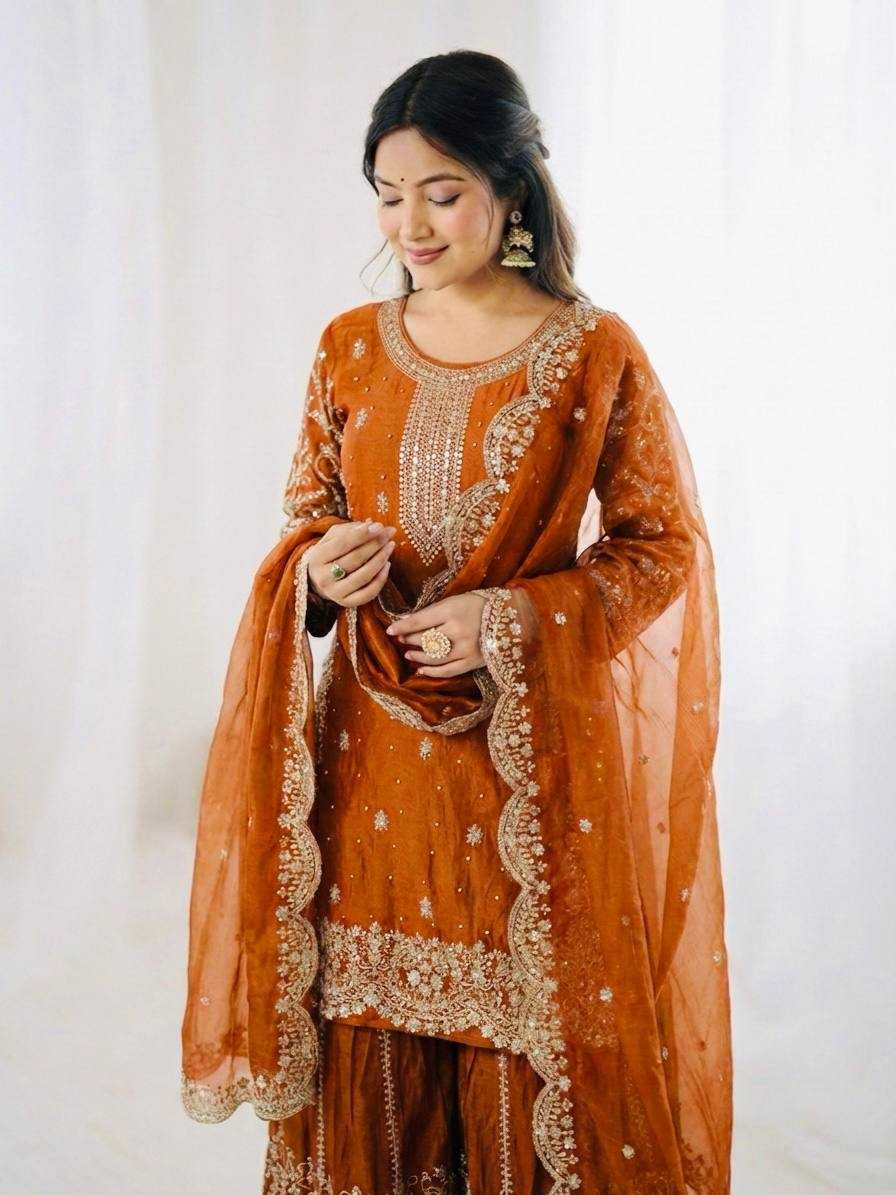 Fendy Silk Heavy Embroidery Palazzo Suit | Designer Thread Work & Micro Cotton Lining | 3-Piece Fully Stitched Ethnic Wear | M to XXL