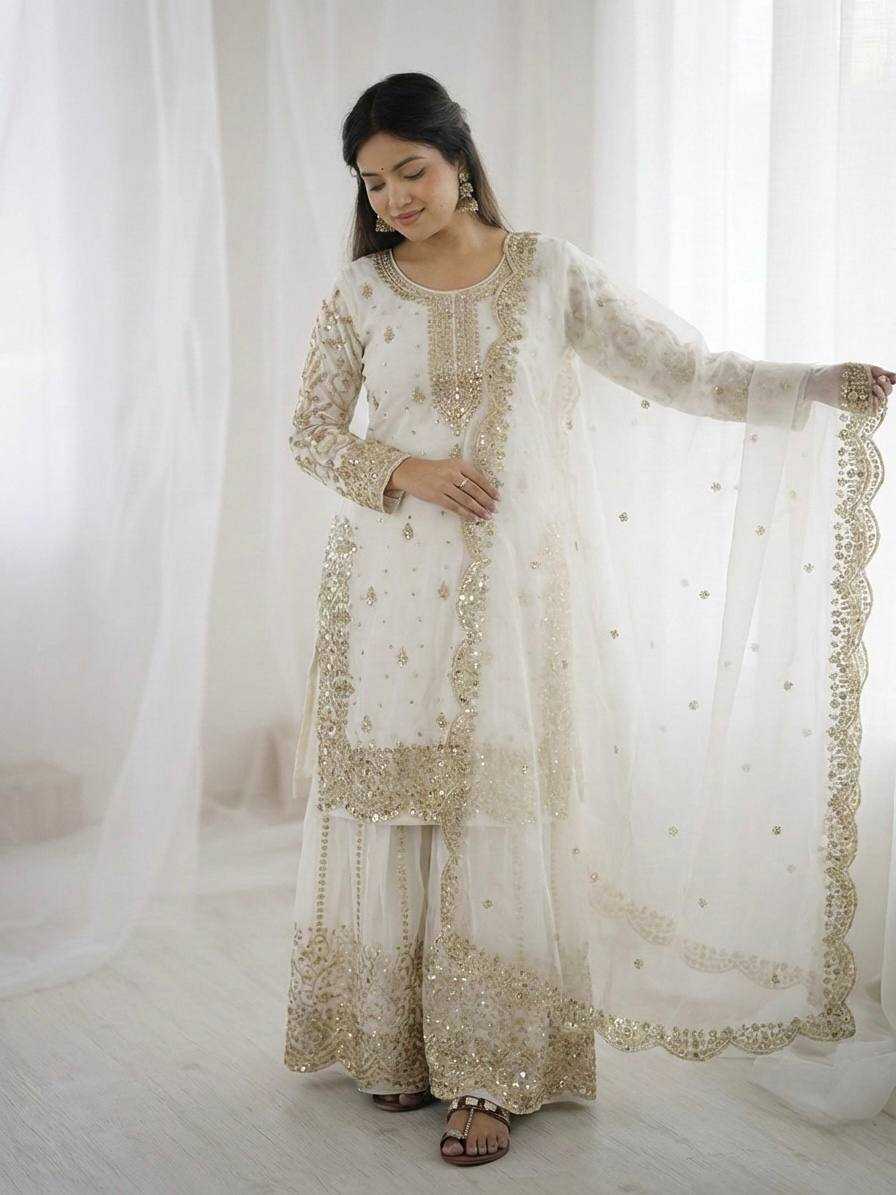 Fendy Silk Heavy Embroidery Palazzo Suit | Designer Thread Work & Micro Cotton Lining | 3-Piece Fully Stitched Ethnic Wear | M to XXL