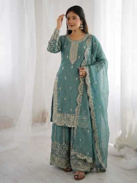 Fendy Silk Designer Palazzo Suit | Party Wear Embroidery & Micro Cotton Lining | 3-Piece Fully Stitched Ethnic Wear | M to XXL
