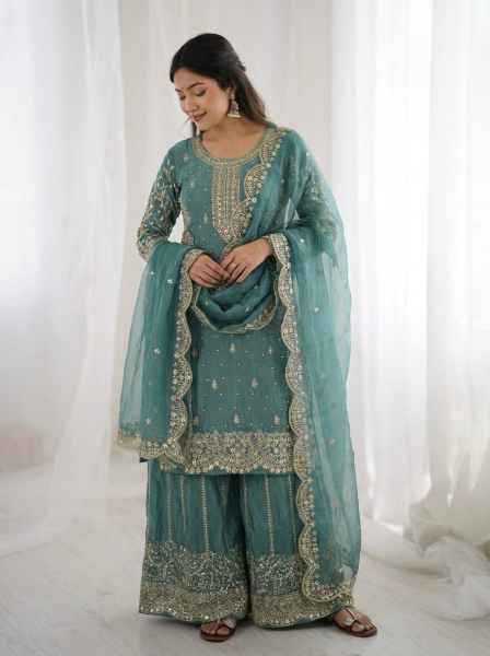 Fendy Silk Designer Palazzo Suit | Party Wear Embroidery & Micro Cotton Lining | 3-Piece Fully Stitched Ethnic Wear | M to XXL