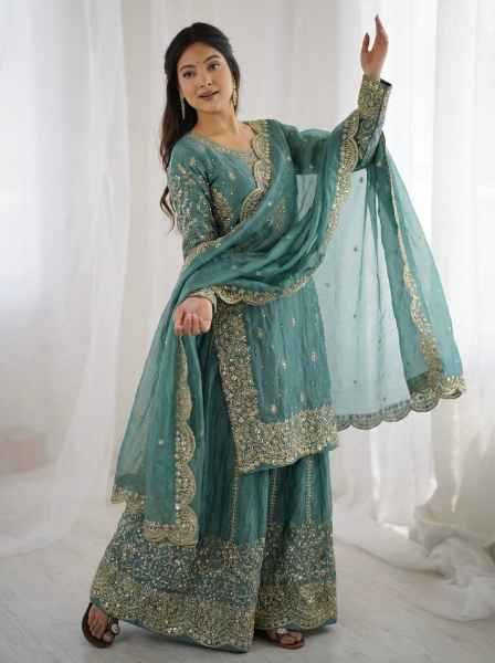 Fendy Silk Designer Palazzo Suit | Party Wear Embroidery & Micro Cotton Lining | 3-Piece Fully Stitched Ethnic Wear | M to XXL