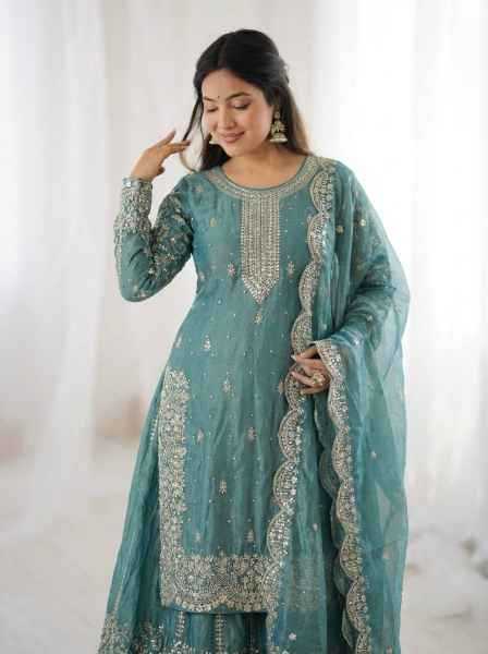 Fendy Silk Designer Palazzo Suit | Party Wear Embroidery & Micro Cotton Lining | 3-Piece Fully Stitched Ethnic Wear | M to XXL