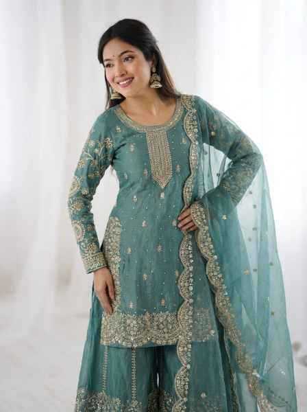 Fendy Silk Designer Palazzo Suit | Party Wear Embroidery & Micro Cotton Lining | 3-Piece Fully Stitched Ethnic Wear | M to XXL