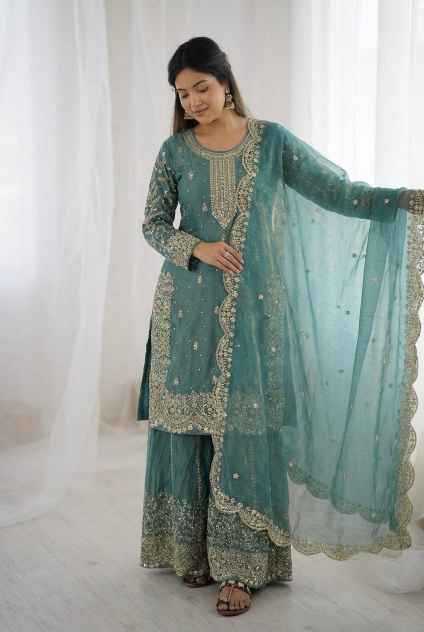 Fendy Silk Designer Palazzo Suit | Party Wear Embroidery & Micro Cotton Lining | 3-Piece Fully Stitched Ethnic Wear | M to XXL