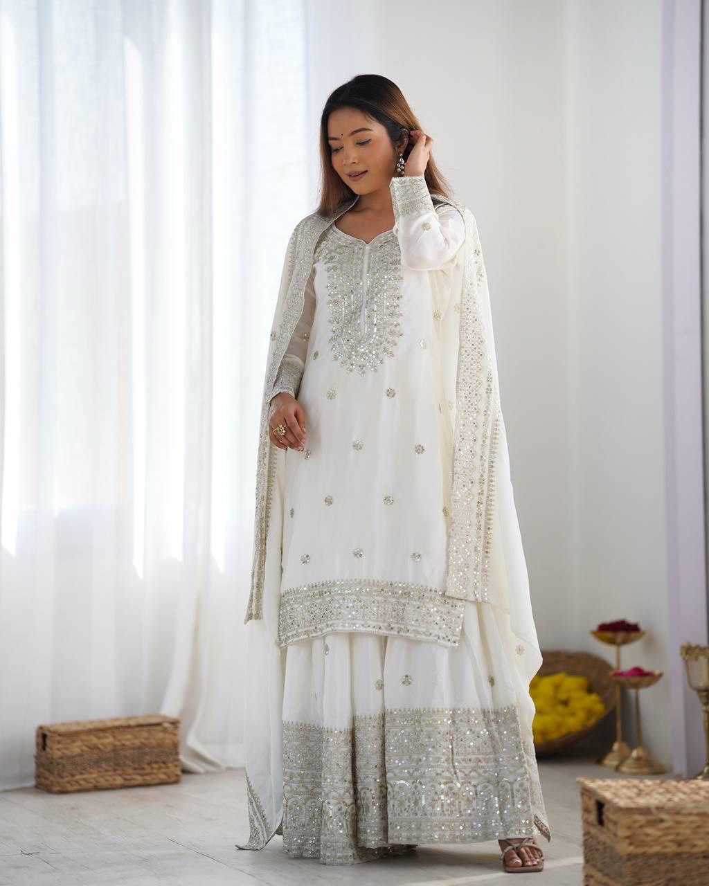 Heavy Chinnon Silk  Embroidered Sharara Salwar Suits