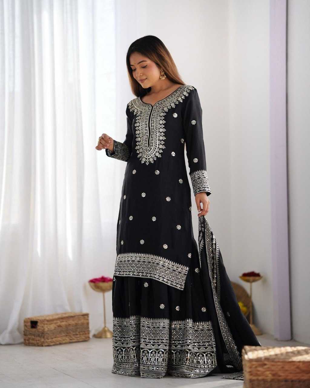 Heavy Chinnon Silk  Embroidered Sharara Salwar Suits