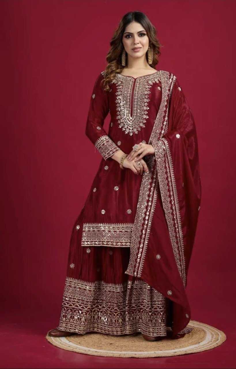 Heavy Chinnon Silk  Embroidered Sharara Salwar Suits