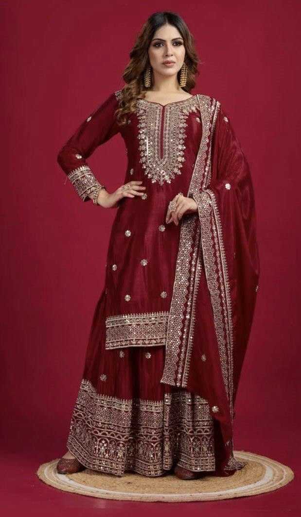 Heavy Chinnon Silk  Embroidered Sharara Salwar Suits
