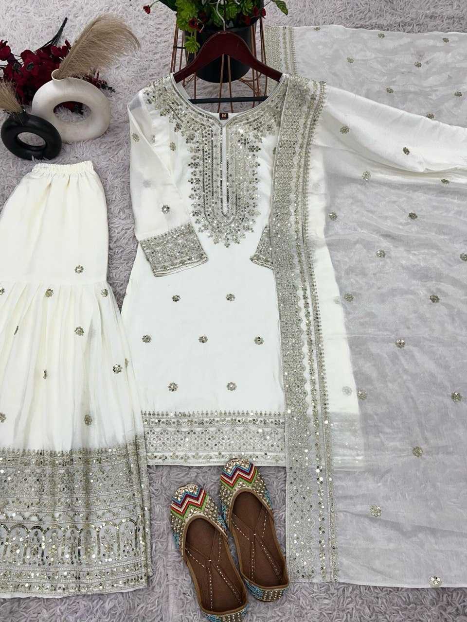 Heavy Chinnon Silk  Embroidered Sharara Salwar Suits