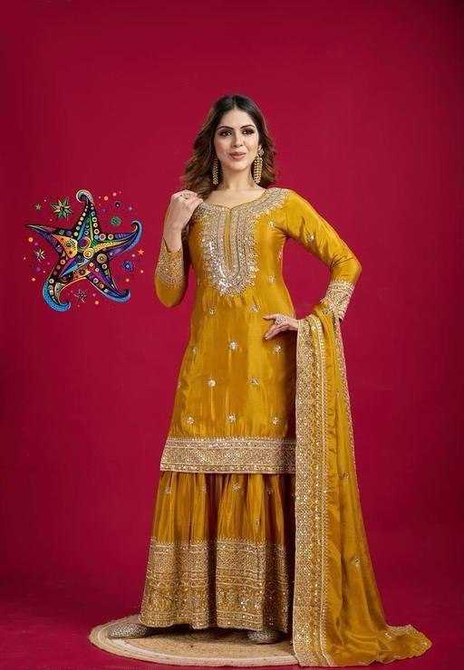 Heavy Chinnon Silk  Embroidered Sharara Salwar Suits