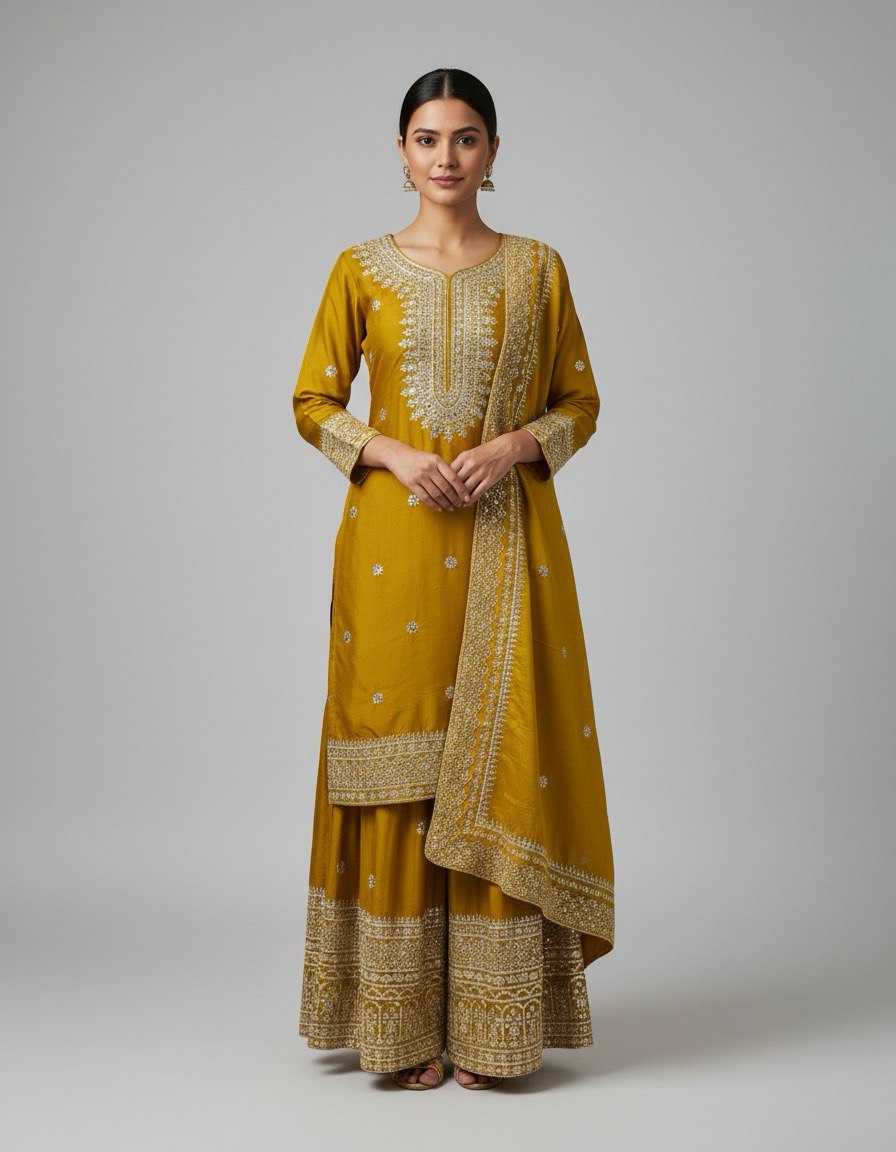 Heavy Chinnon Silk  Embroidered Sharara Salwar Suits