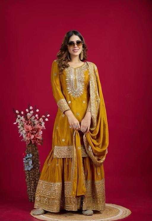 Heavy Chinnon Silk  Embroidered Sharara Salwar Suits
