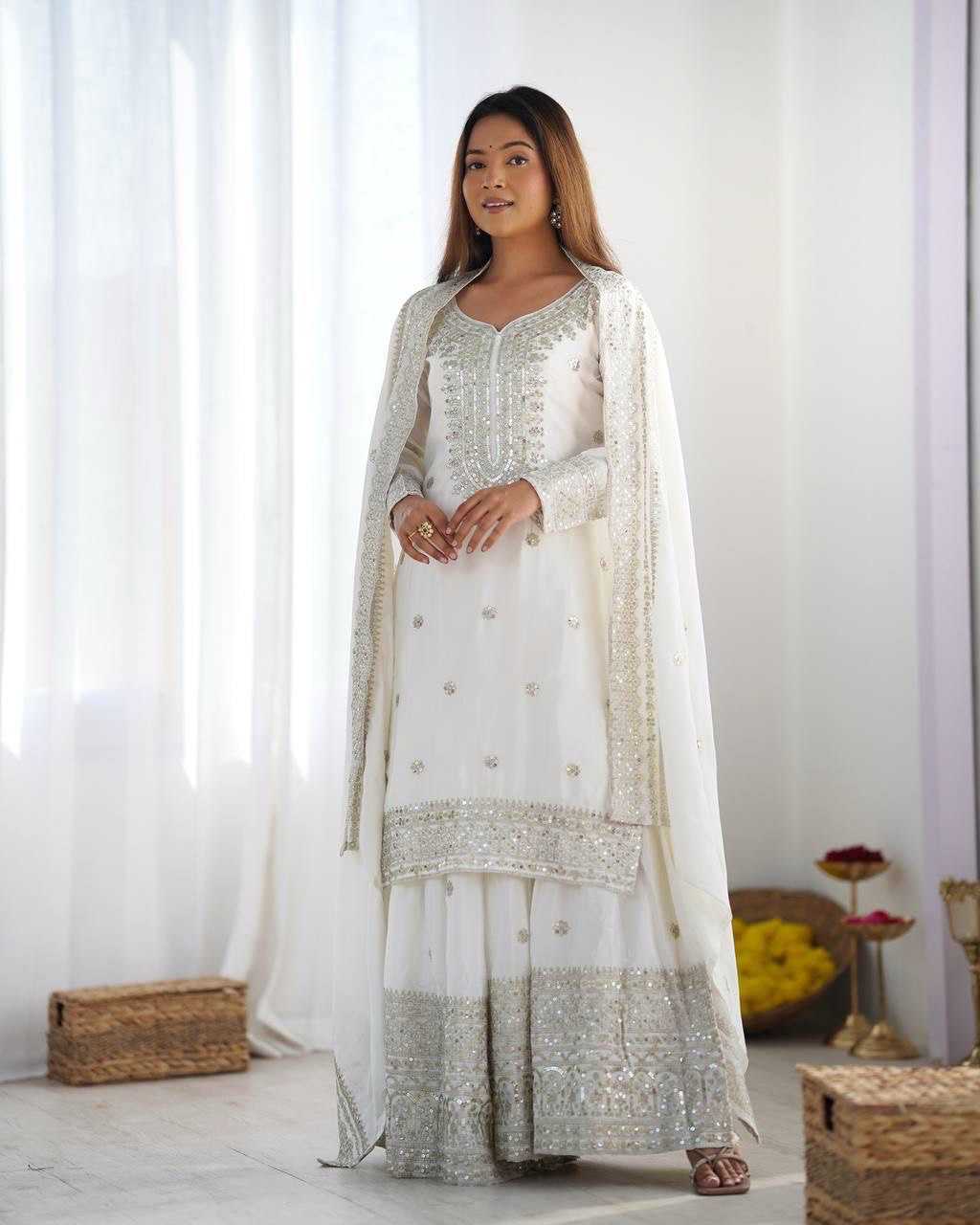 Heavy Chinnon Silk  Embroidered Sharara Salwar Suits