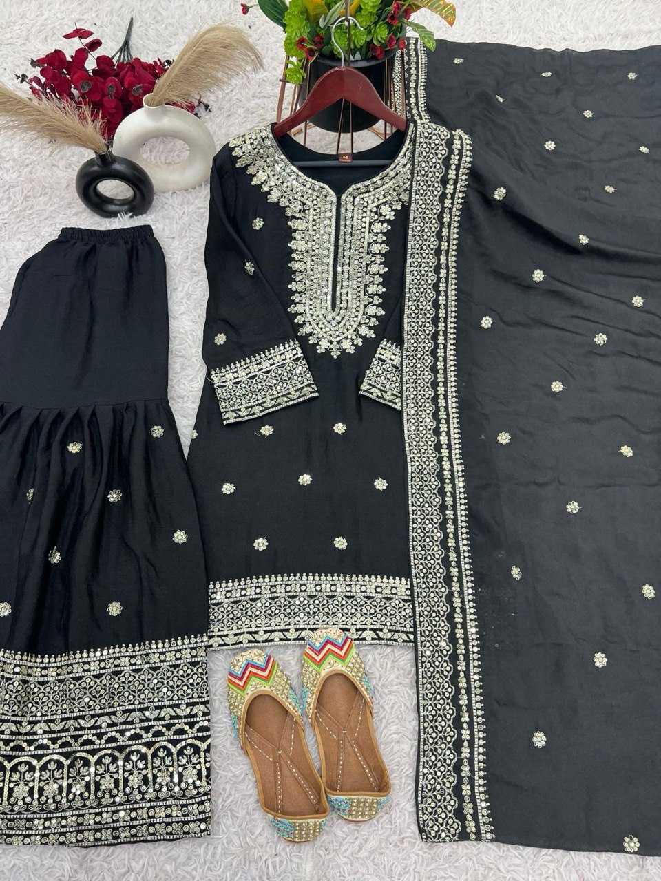 Heavy Chinnon Silk  Embroidered Sharara Salwar Suits
