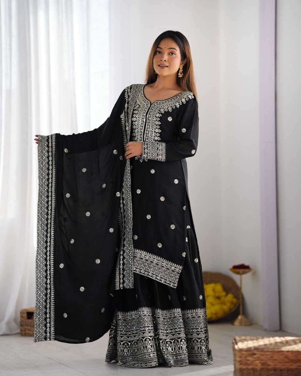 Heavy Chinnon Silk  Embroidered Sharara Salwar Suits