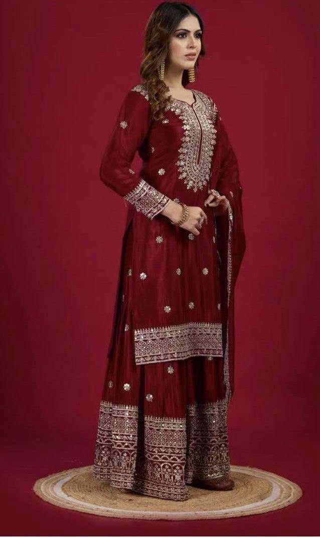 Heavy Chinnon Silk  Embroidered Sharara Salwar Suits