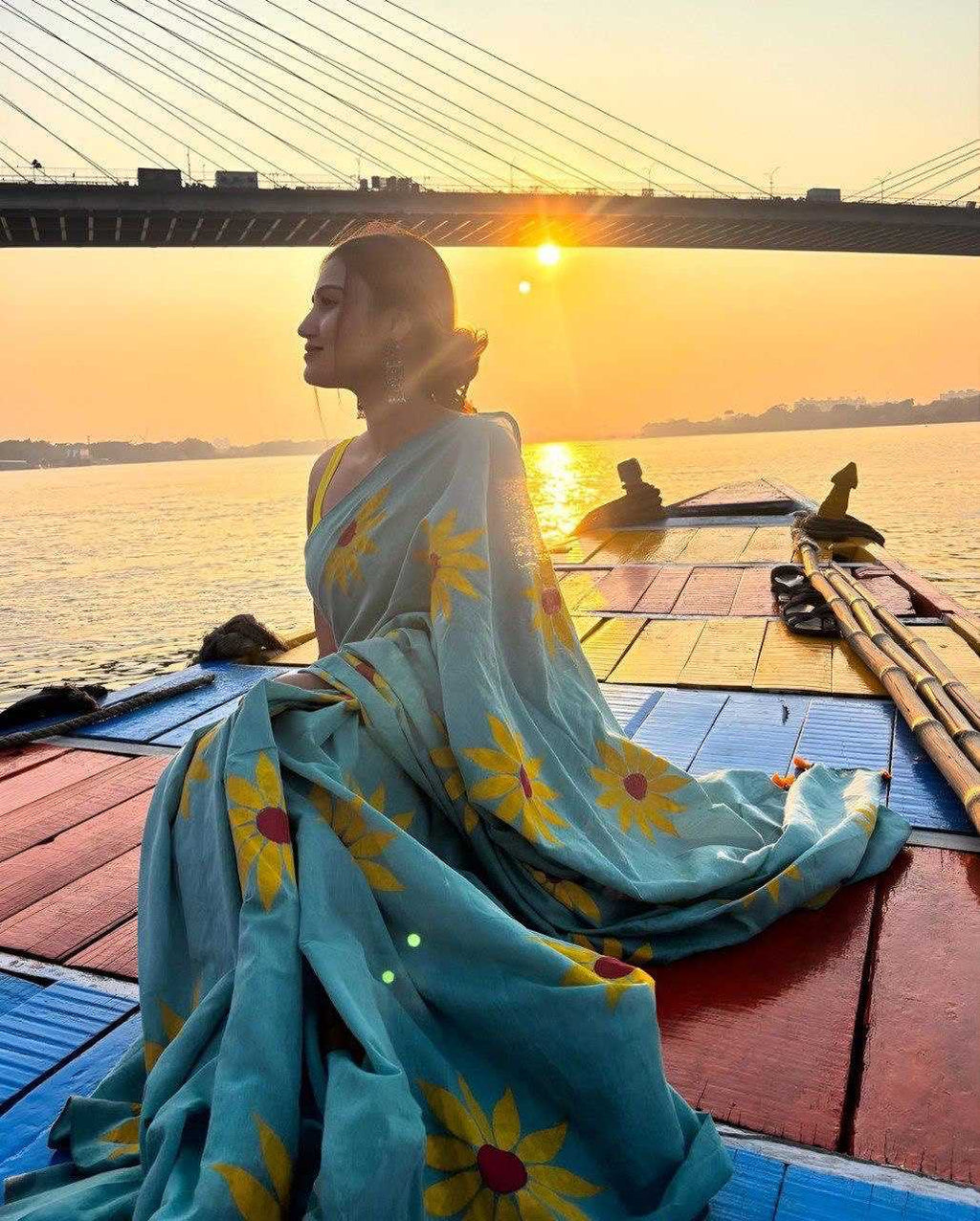 Linen  Designer Party Wear  Printed Saree
