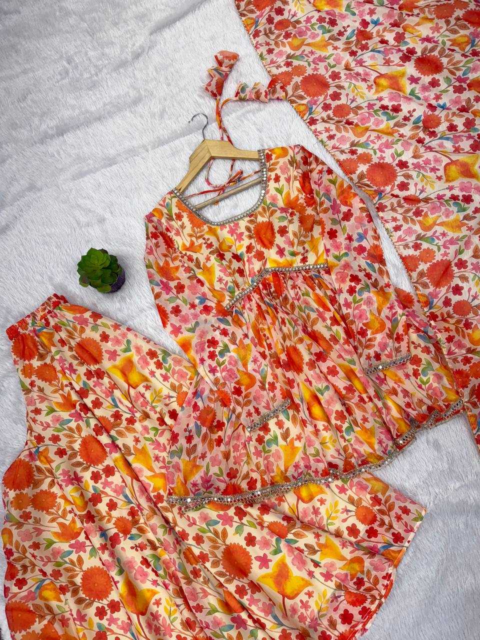 Premium Roman Silk  Palazzo  Designer  Ethnic Suit