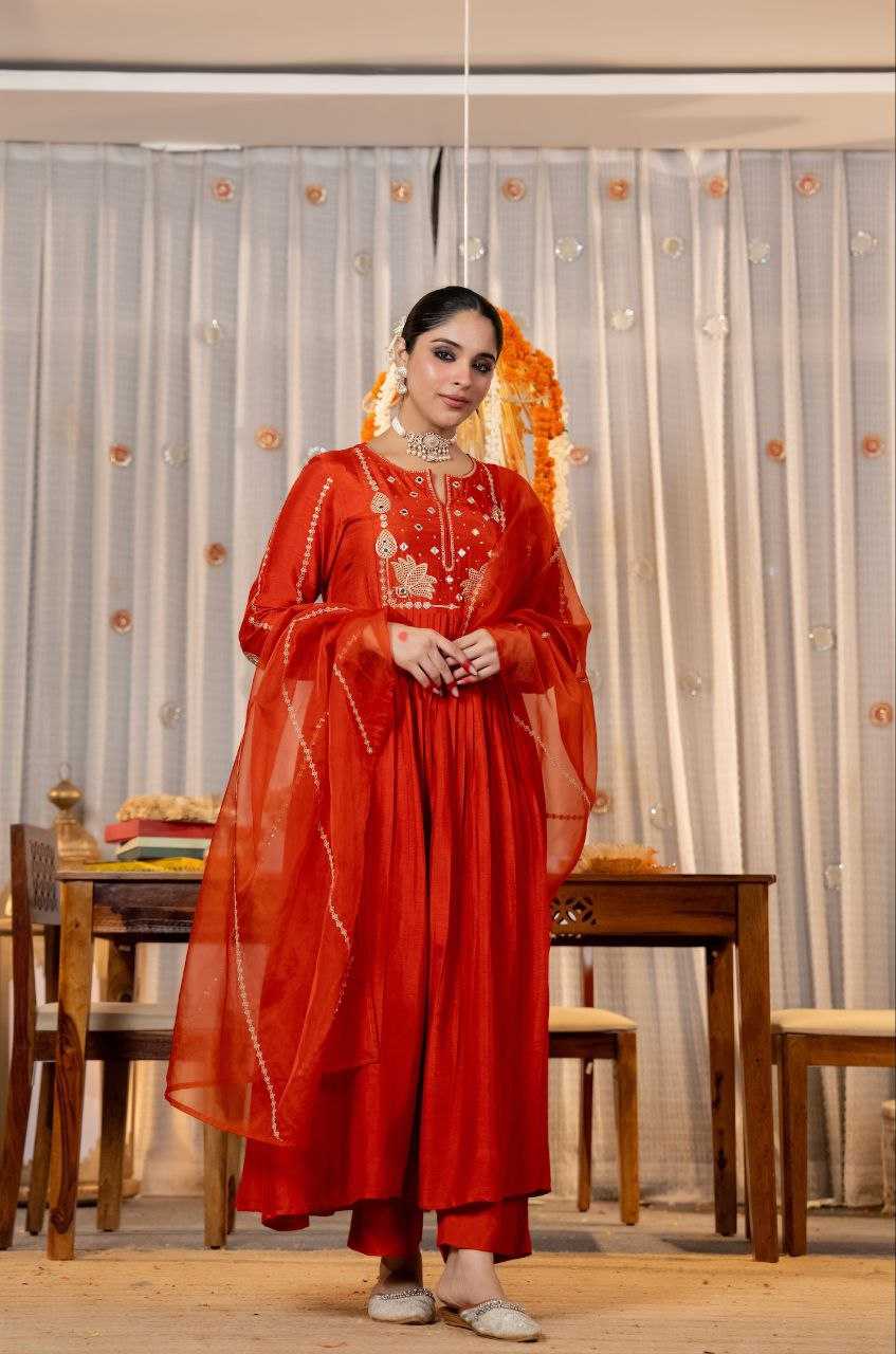 Chanderi Silk Kurti Set with Organza Embroidery Dupatta | Sequence Work Ethnic Wear | Wedding & Festive 3-Piece Set for Women | S–XXL | Gift-Ready