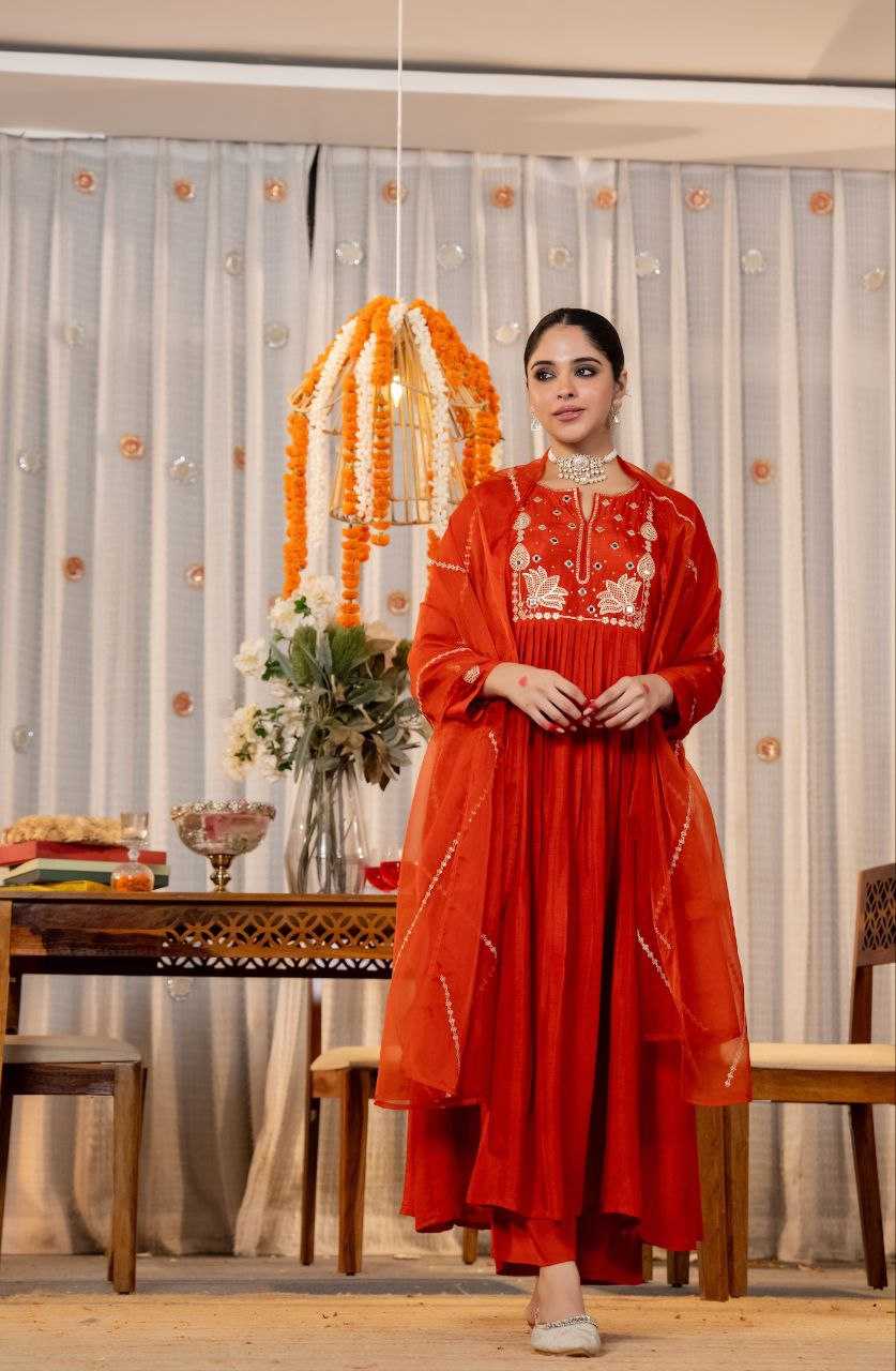 Chanderi Silk Kurti Set with Organza Embroidery Dupatta | Sequence Work Ethnic Wear | Wedding & Festive 3-Piece Set for Women | S–XXL | Gift-Ready