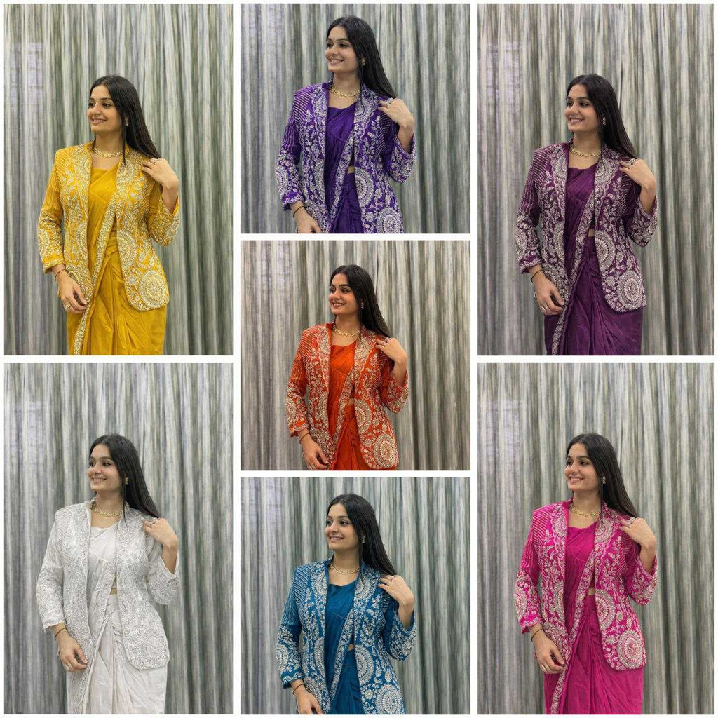 Rangoli Silk  Ready To Wear Sequence  Embroidered  Saree with Jacket