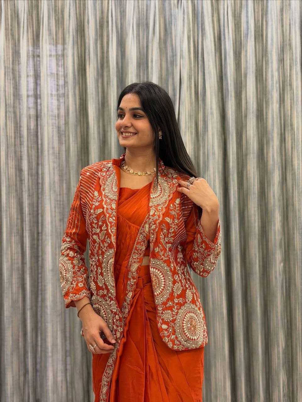 Rangoli Silk  Ready To Wear Sequence  Embroidered  Saree with Jacket