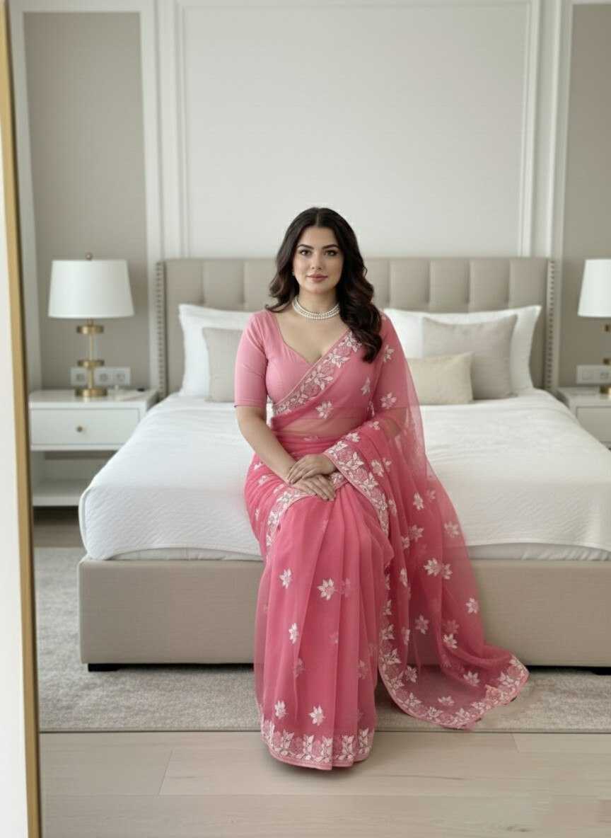 Soft Net   Designer Party Wear  Embroidered Sarees