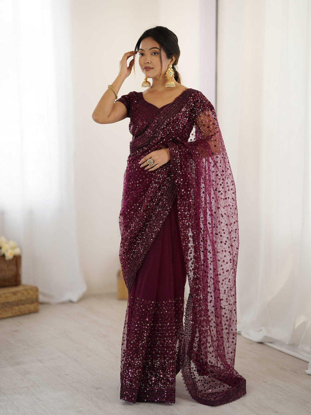 Soft Net Sequin Embroidered Saree | RIN213 Premium Collection | Dual Embellishment Party Wear Saree with Blouse Piece | Free Size