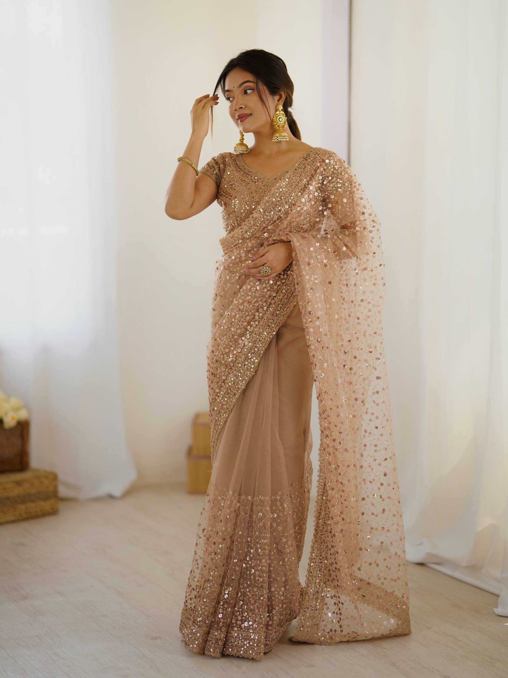 Soft Net Sequin Embroidered Saree | RIN213 Premium Collection | Dual Embellishment Party Wear Saree with Blouse Piece | Free Size