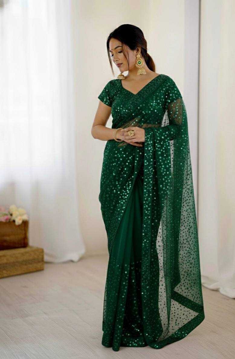 Soft Net Sequin Embroidered Saree | RIN213 Premium Collection | Dual Embellishment Party Wear Saree with Blouse Piece | Free Size