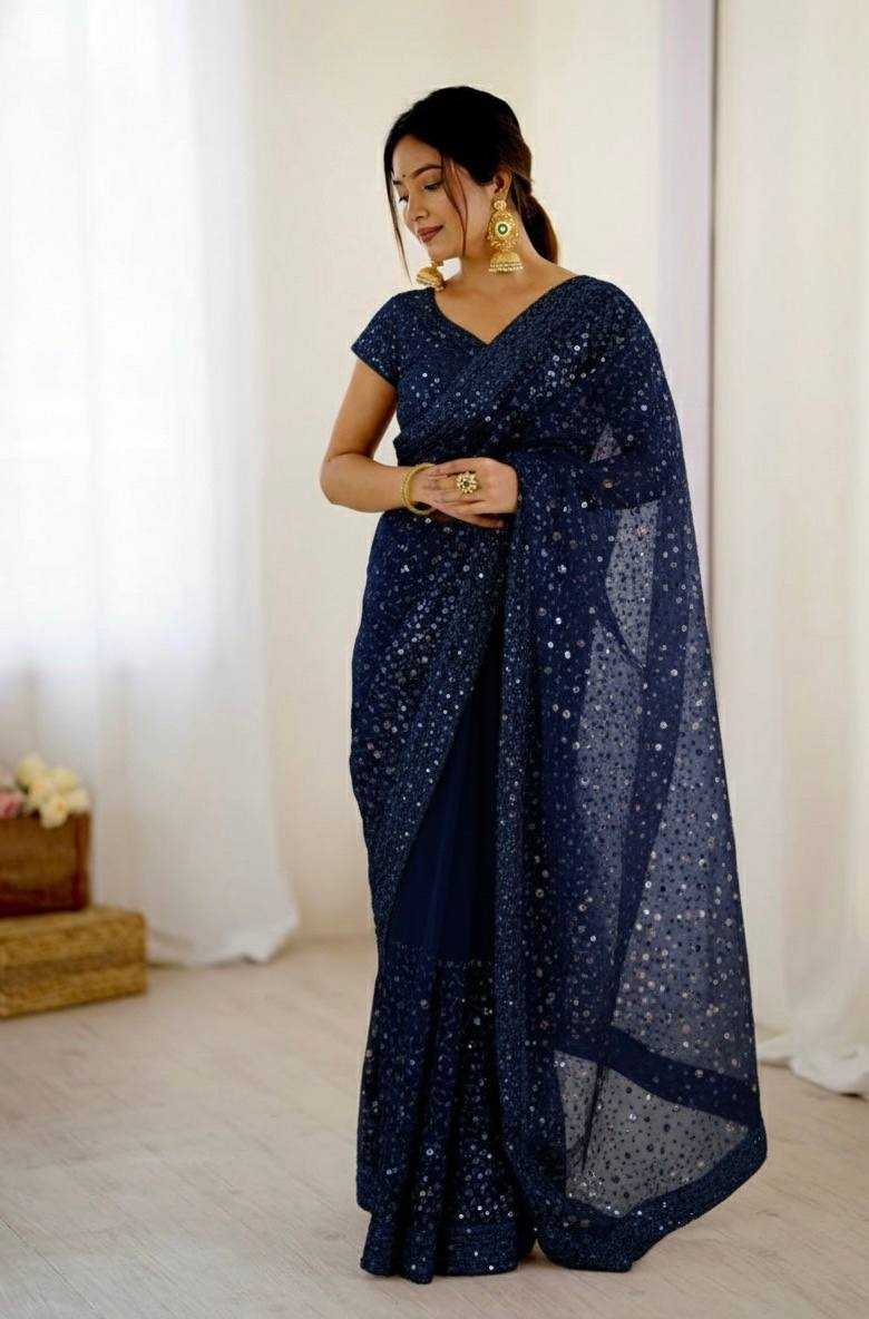 Soft Net Sequin Embroidered Saree | RIN213 Premium Collection | Dual Embellishment Party Wear Saree with Blouse Piece | Free Size