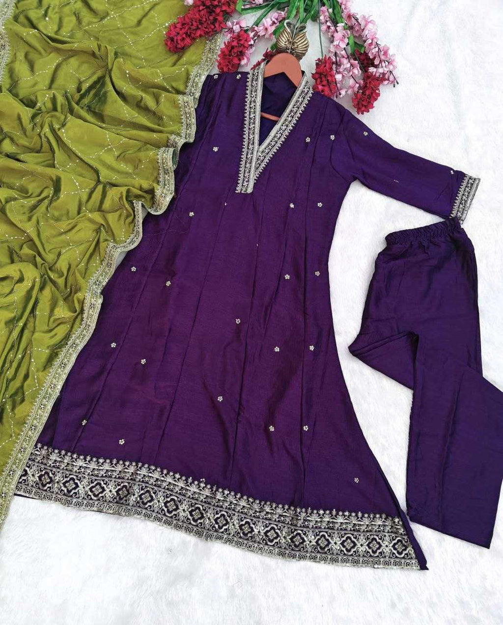 Pure Viscose Chanderi Silk Kurti Set with Sequence Embroidery & Organza Embroidery Dupatta | 3-Piece Festive Ethnic Wear for Women | S to XXL